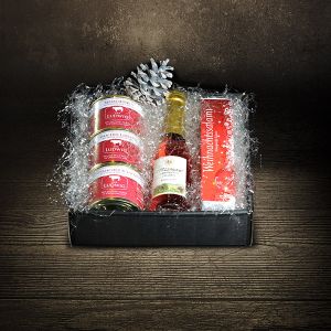 Der Ludwig Weihnachtspräsent Eisblume gefüllt mit Leckereien aus der Metzgerei Ludwig ideal als Weihnachtsgeschenk drei handwerklich hergestellte Wurstkonserven eine Wallnusssalami und edler alkoholfreier Prosecco Rosenzauber Geschenk Eisblume bei Der Lud