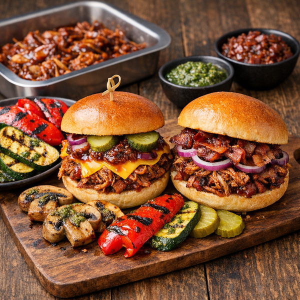Pulled Pork-Burger mit Grillgemüse