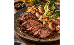 Gegrilltes Bäckchen vom Schwein mit Blumenkohl, Römersalat und Schalotten