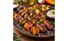 Lamm-Gemüse-Spieße mit Joghurt-Dip