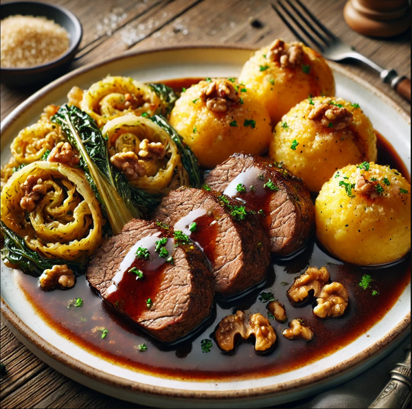 Weihnachtliche Rinderrouladen mit Spitzkohl und Klößen (für 4 Personen)